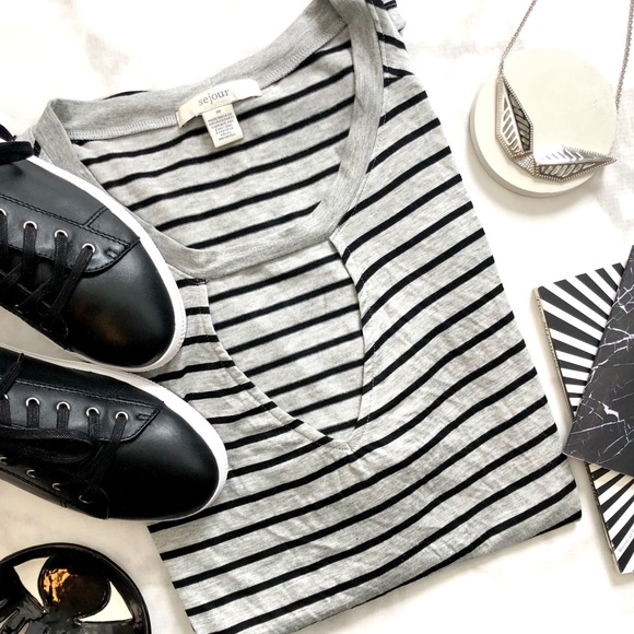 Sejour Tops - Gray and Black Striped Cutout Tee